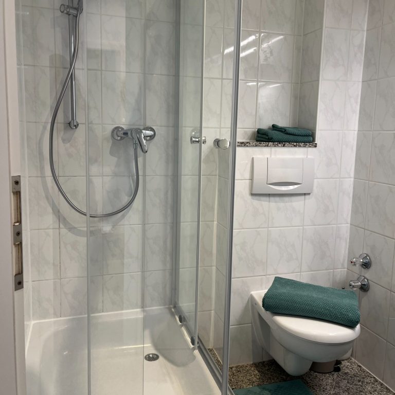 saubere, neue Dusche mit Glaswand, WC und türkisfarbene Handtücher in einem hellen Badezimmer.