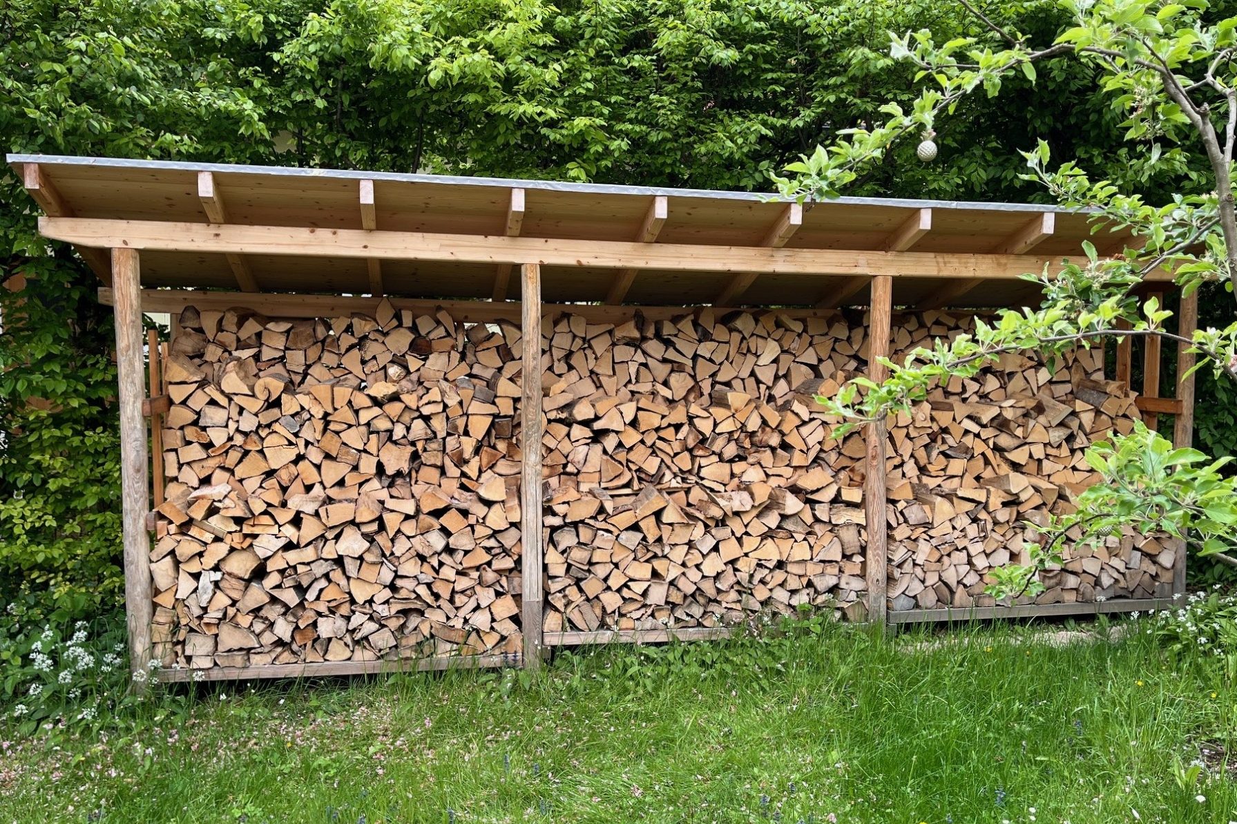 große Holzlege im Garten mit gestapeltem Feuerholz unter einem Dach, umgeben von Bäumen.