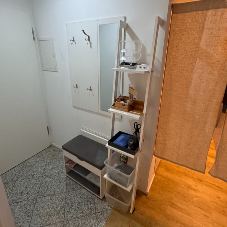 Eingangsbereich mit Spiegel, Sitzbank und Regal für Aufbewahrung. Heller Holzfußboden.