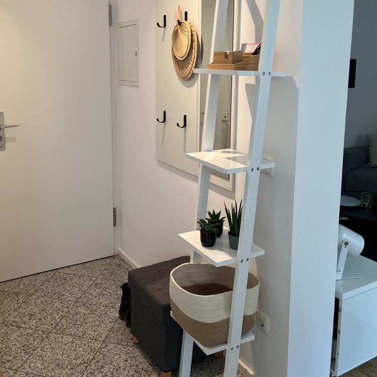 Moderne Fluransicht mit weißem Regal, Pflanzen, Spiegel und Wandhaken.